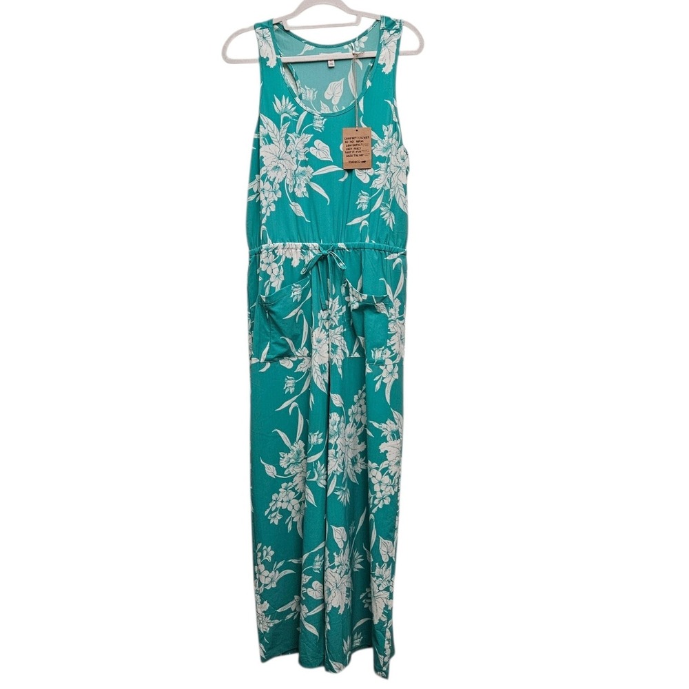 Toad&Co Livvy SL Jumpsuit L Teal Floral Salt Leaf Wide Leg Sleeveless Pocket